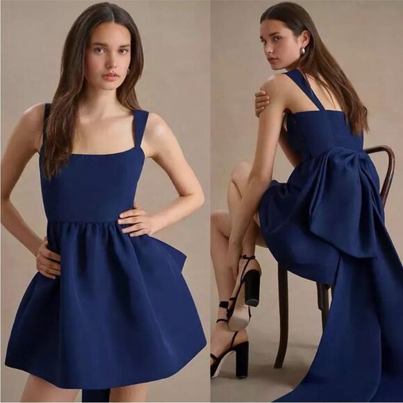 SACHIN + BABI Blaine Taffeta Square Neck Bow Train Mini Dress BHLDN Navy New 8 - Picture 1 of 12